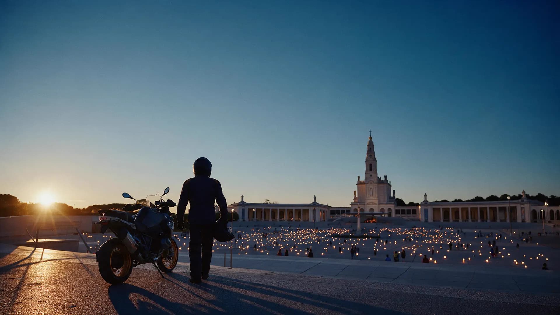 Piloto parado ao lado da moto diante da esplanada do Santuário de Fátima ao anoitecer, com as velas dos peregrinos acesas