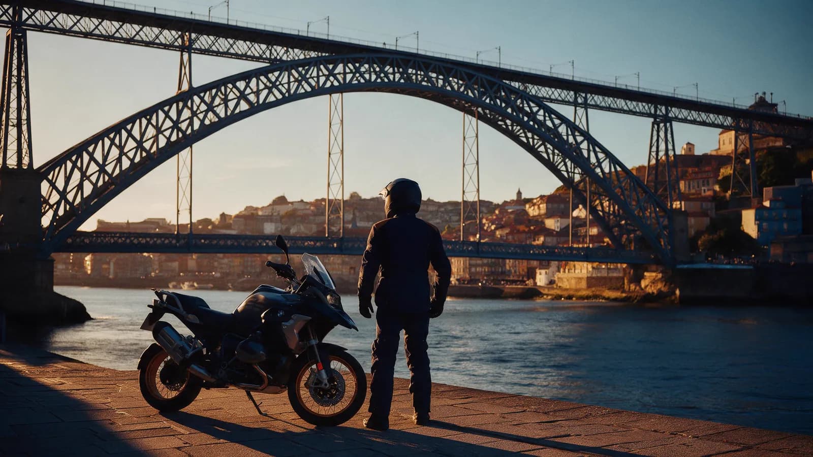 Piloto ao lado da moto no cais do Porto, sob a ponte Dom Luís I