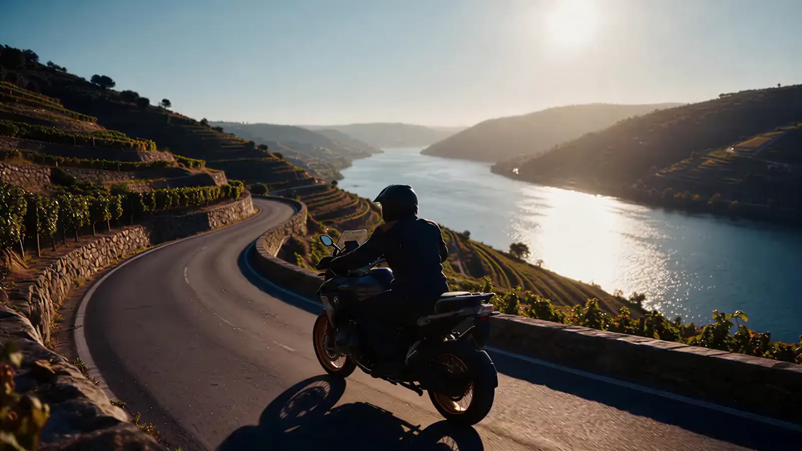 Piloto de moto na curva da estrada N222, com o rio Douro e os vinhedos em socalcos abaixo